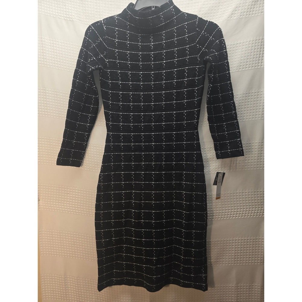 Sandra Darren Dress Women Size Small Black White Knit Long Sleeve High Neck 7429